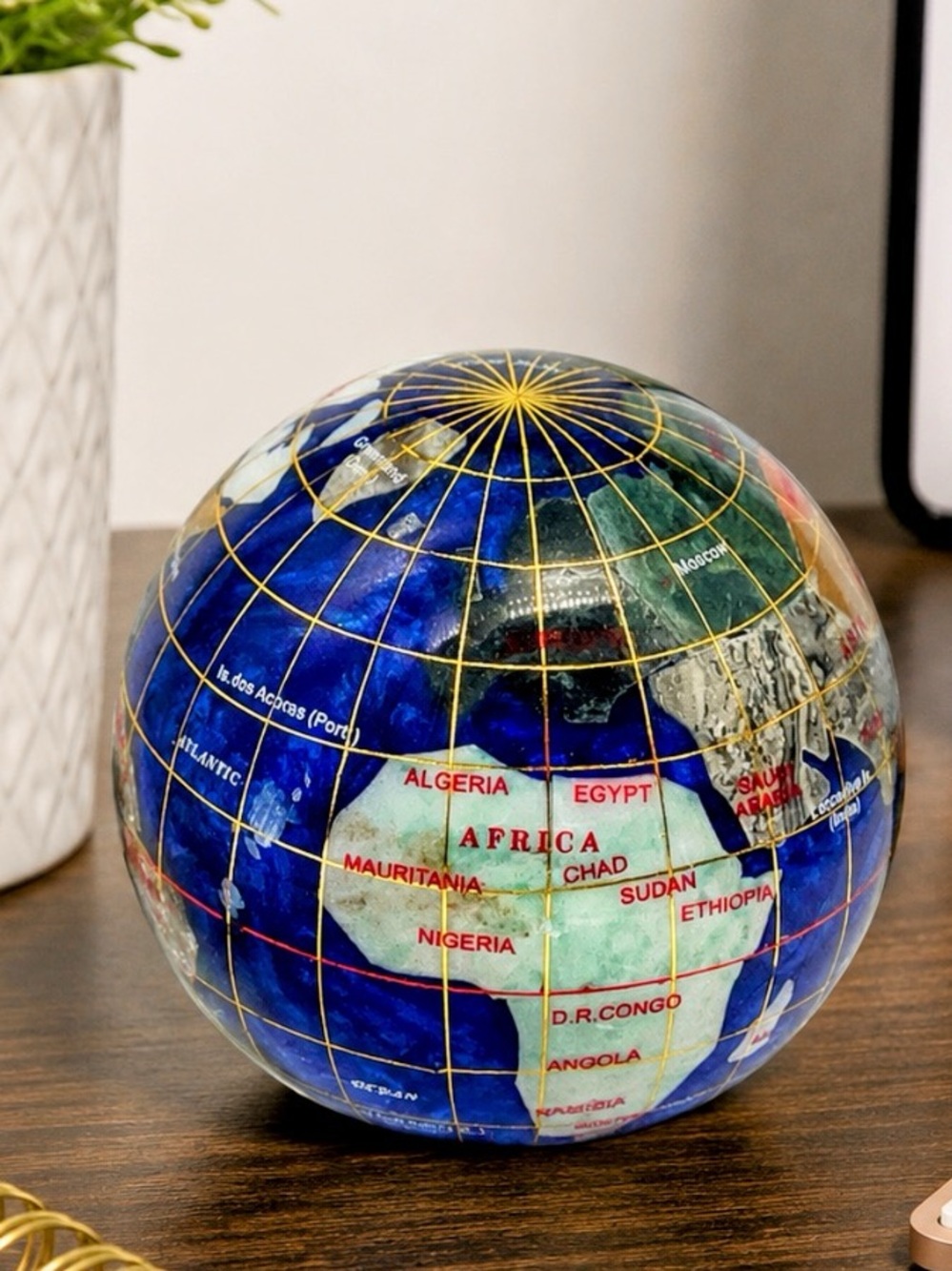 Vintage Cobalt Blue World Globe Paperweight Gemstone Inlay 3